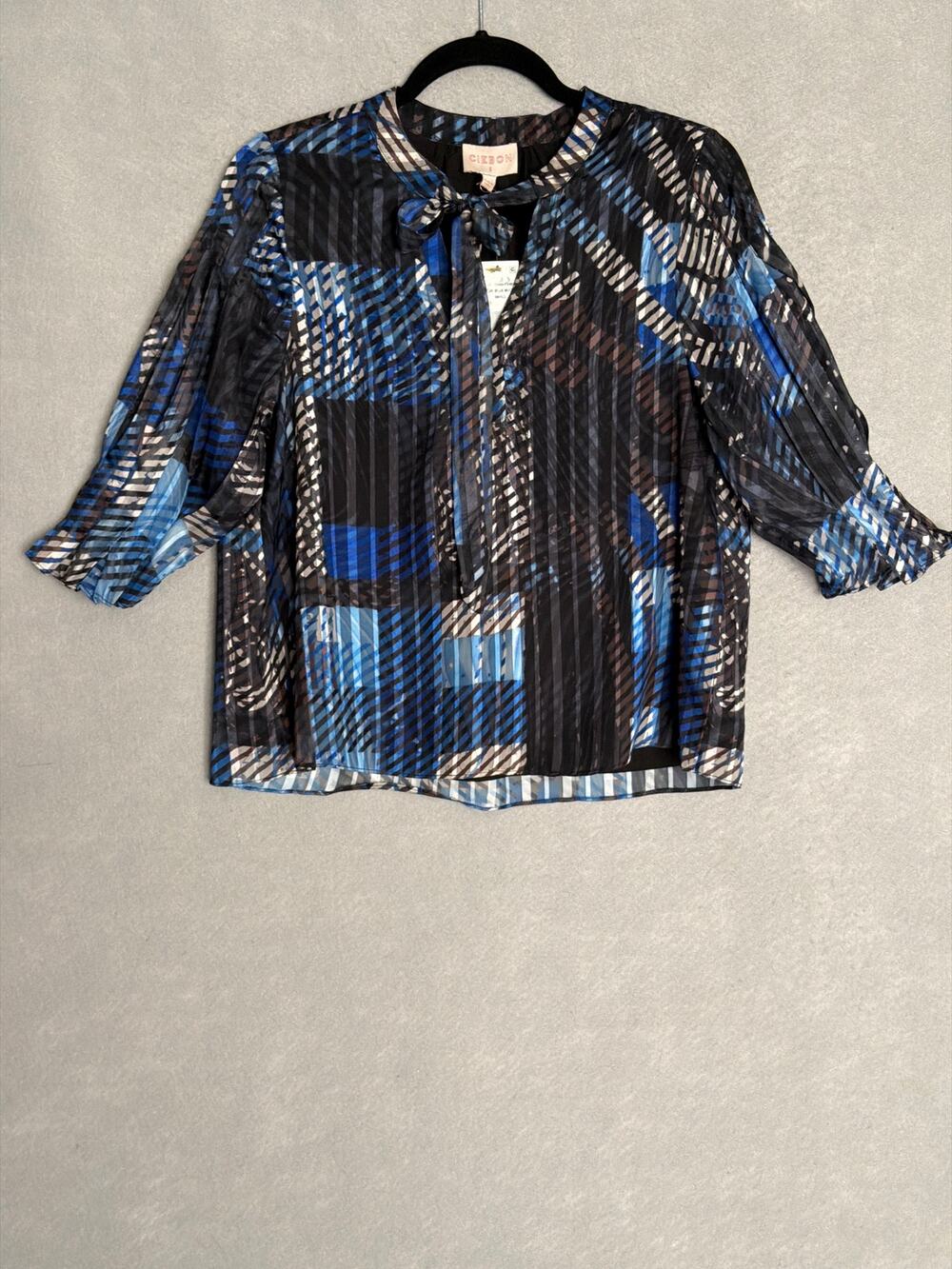 Ciebon Abstract Print Top Tie Neck Multi Blue Women's Small NEW